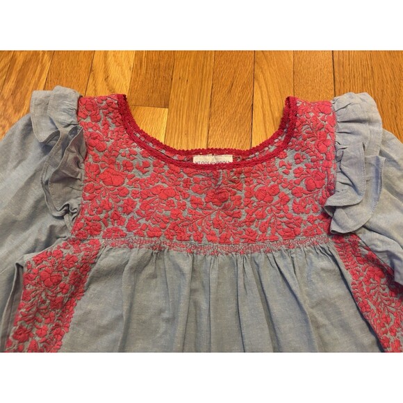 Mi Golondrina Fernanda Top Blouse Embroidered Blue Chambray Pink Floral XS - Picture 4 of 10
